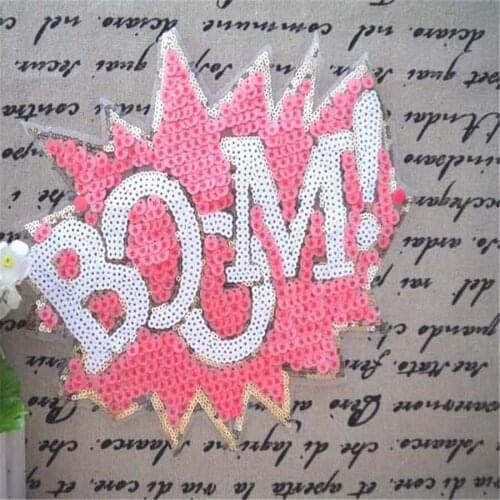 1Pcs Embroidered Iron On Patches For Clothes Sequins Black Rose Red Letter BOOM Deal With It Clothing DIY Motif Applique