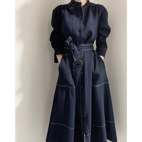 2021 New Arrivals Fashion Korea Style Solid Color Single Breasted Wide-waist Round Neck Long Denim Trench X619