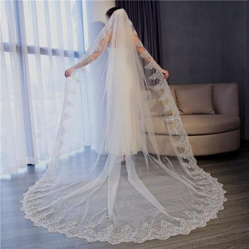 5 Meter Pure White Cathedral Wedding Veils Long Lace Edge Luxury Church Bridal Veil With Comb Wedding Accessories Customize C