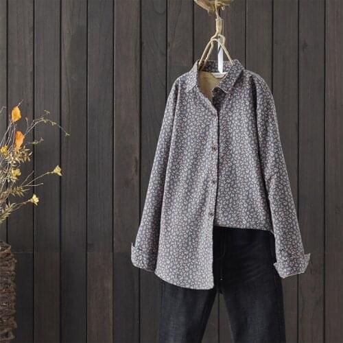 FairyNatural Women 2021 Autumn Winter Thickening Brushed Garden Floral Liiterary Vintage Plus Velvet Shirt Blouse For Girls