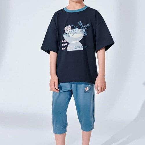 Hollead Planet Print Tshirt Calf Length Pant Children 2PCS Sets Cotton Loose Breathable Clothing Students Fashion Sportswear