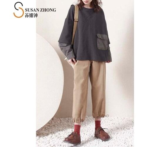 Women T-Shirt Female Tops 2021 Spring Summer New Natural Normcore Casual Oversize Midi Long Sleeve Cotton Pocket Spliced O-Neck