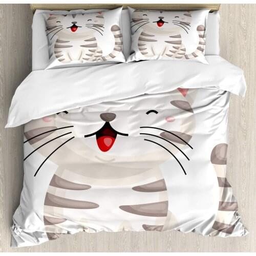 Cat Duvet Cover Set Cartoon of a Happy Kitten with Stripes and Long Whiskers Decorative 3 Piece Bedding Set with 2 Pillow Shams