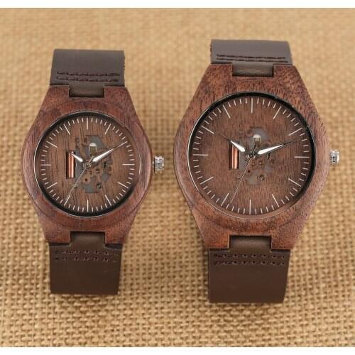 Handmade Walnut Wooden Quartz Watch Unique Hollow-out Movement Dial Wristwatch Premium Coffee Leather Strap Couple Clock