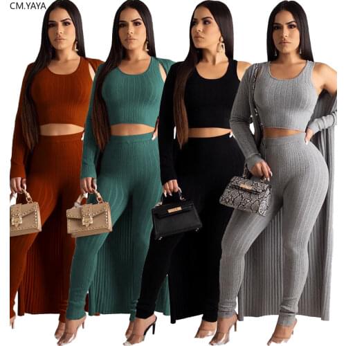 2020 New Winter Womens Set Tank+Long Cardigan+Pants Three Pieces sets Tracksuits Night Club Street Outfits Bandage Casual 5306