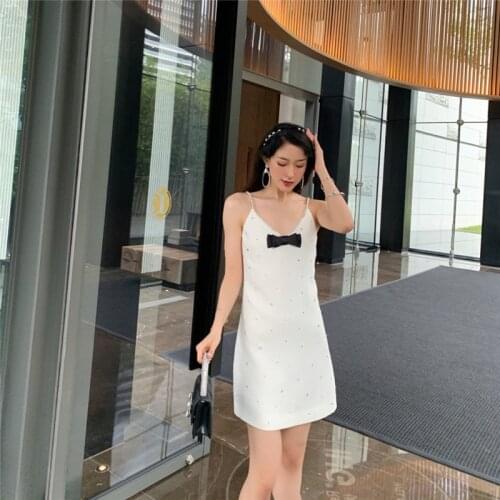 Summer New Women French Temperament Spaghetti Strap Dress V-Neck Bowknot Diamond Female Party Elegant Mini Formal Dress Y1275