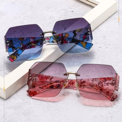 Vintage Printing Rimless Square Sunglasses Women eminine Fashion WomenS Luxury Sunglasses Oversized Frame Retro Eyeglasses UV40