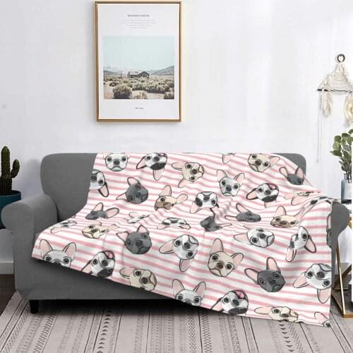 All The Frenchies Pink Stripes French Bulldog Dog Blanket Coral Fleece All Season Soft Throw Blanket for Bedding Car Bedspread
