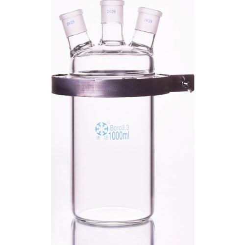 Single-layer cylindrical flat bottom open reactor bottle 1000ml,150mm flange,With iron clip,Cover with three ground mouth 24/29
