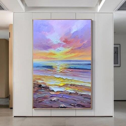 Hand-painted Landscape Large Abstract Colorful 100% Handmade Oil Painting Ocean Blue Purple Wave Seascape Modern Art As A Gift