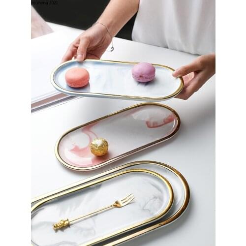European-style Marble Storage Tray Ceramic Gold-plated Sushi Dessert Tray Home Teacup Food Jewelry Cosmetics Storage Home Decor