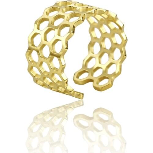 RIR Abstract Geometric Honeycomb Ring Adjustable Hollow Stack Honeycomb Gold Ring Bohemian Ring Good Friends Gift