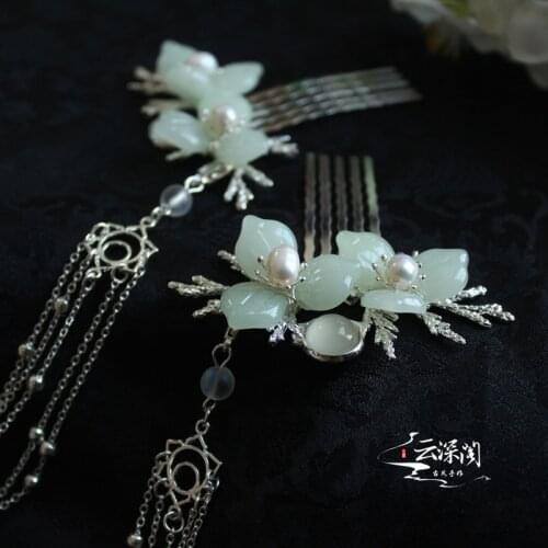 Handmade light green beaded tassel vintage ribbon Hair Comb clip cosplay hanfu kinomi Hair accessories