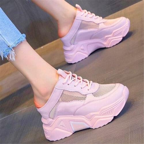 Summer Womens Breathable Cow Leather Platform Wedge Fashion Sneaker Sandals High Heel Breathable Creepers Slipper Beach Shoe