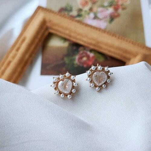 Cute Female Small Heart Pearl Earrings Real 925 Sterling Silver Gold Wedding Stud Earrings For Women