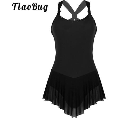 TiaoBug Adult Sleeveless Criss-cross Back Rhinestones Ballet Gymnastics Leotard Women Figure Skating Dress Costume Dance Wear