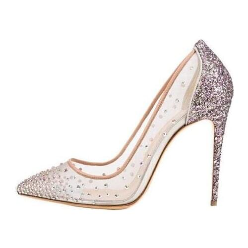 Moraima Snc Mesh Crystal High Heels Pointed Toe Diamond Pumps Summer Pointed Toe Shallow High Heel Shoes Wedding Heels