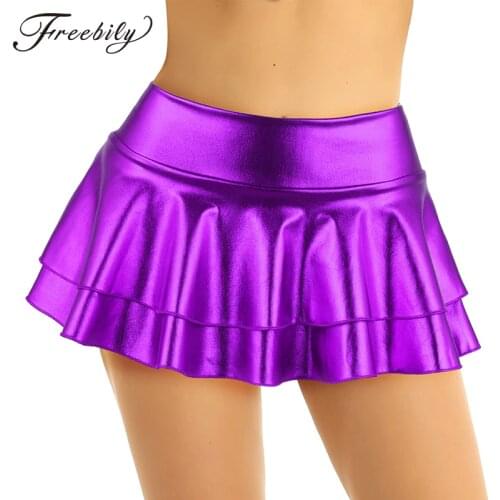 Women Shiny Metallic Low Rise Ruffled Pole Dance Shorts Skirt Leotard Club Party Dancing Festival Rave Costume Sexy Mini Skirts