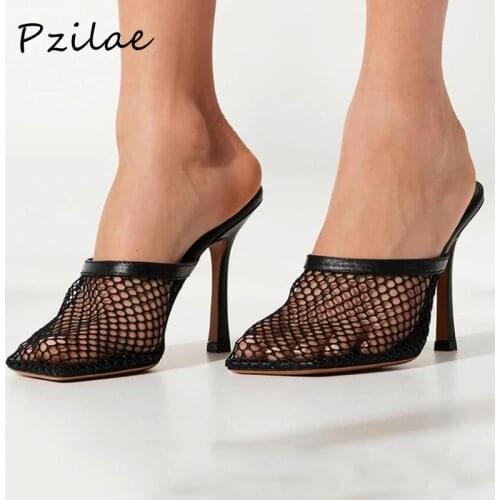 Pzilae fashion 2020 women summer mules shoes sexy hollow mesh square toe shoes for women high heels summer party pumps size 42