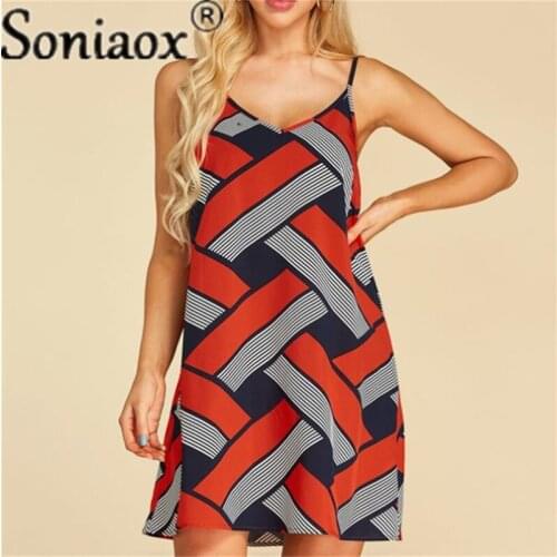 Fashion Striped Geometric Print Womens Dress O Neck Sleeveless Pattern Print A-Line Dress Women Temperament Commute Dresses