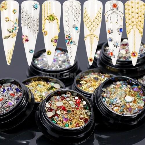 1 Jar Retro Style Mix Shapes Metal Twist Bars Stripes Wave Studs Rivet Leaf Jewel Nail Art Alloy Rhinestones Decorations F