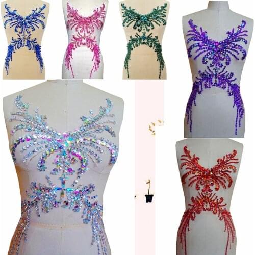 1Piece Handmade Sequins Rhinestones Applique Sew on Beads Stones Trim Patches for Wedding Dress Accessory 52X28cm