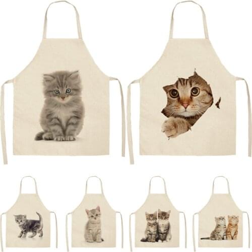 1Pcs Lovely Cat Pattern Kitchen Apron for Women Cotton Linen Bibs Household Cleaning Pinafore Home Cooking Aprons 53*65cm Q0009