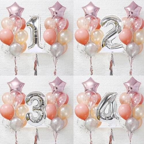 20pc Retro Pink Pearl Gold Confetti Latex Balloon Silver Number Foil Ball Birthday Party Decors Kids 1 2 3 4 5 6 7 8 9 Years Old