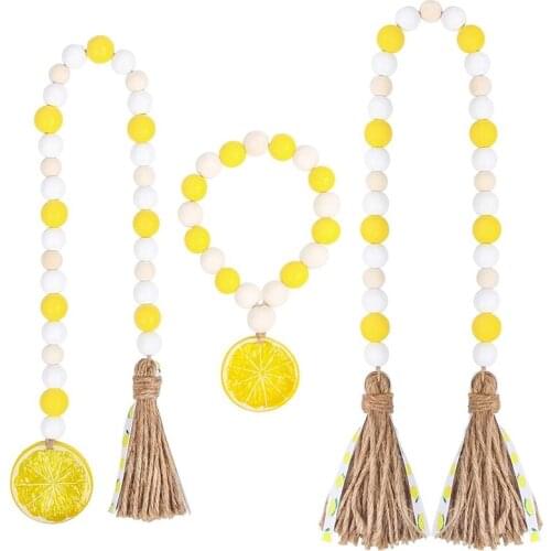 3 Pieces Lemon Wood Bead Garland with Tassels, Lemon Themed House Decor, Farmhouse Decor for Tiered Tray, Table, Wall