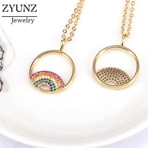 5PCS, Hollow Out Round Necklace For Women Crystal Rainbow Necklace Pendant CZ Cubic Zirconia Gold Chain Jewelry Women Gifts