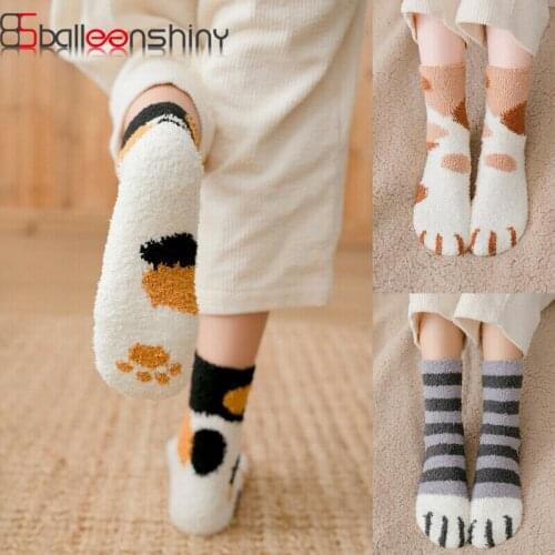 BalleenShiny Child Floor Socks Kids Girls Thicken Coral Fleece Fluffy Boots Socks Cute Cartoon Cat Paw Socks For Children Gift