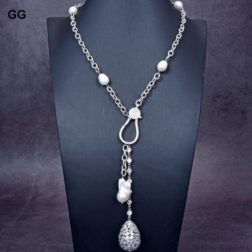 GuaiGuai Jewelry Cz Pave Teardrop Keshi Pearl Pendant Natural White Rice Pearl CZ Chain Necklace For Women