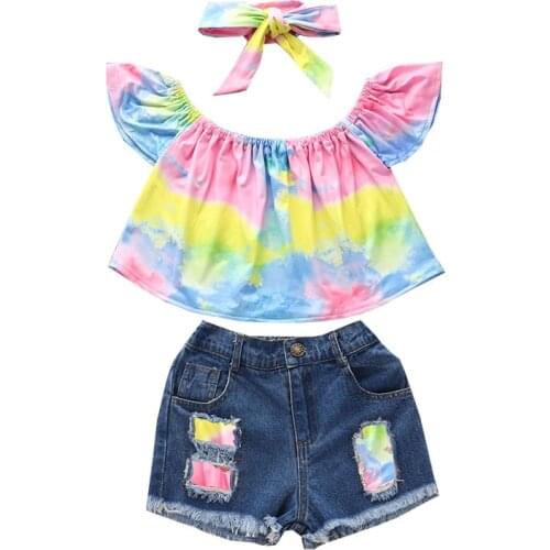 Kid Girls 3 Pcs Outfits Suits, Off Shoulder Fly Sleeve Tie Dye Tops + Ripped Denim Shorts + Headband Sets 1-6T