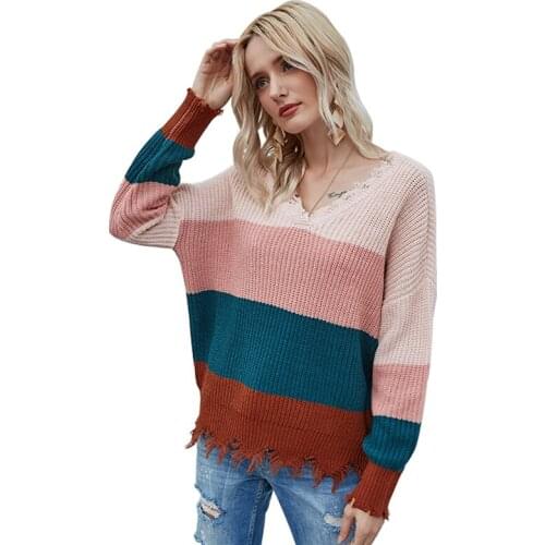 Stripes Jumper Sweaters Women Casual Autumn Winter Long Sleeve V Neck Tassel Pullovers Sweater Tops For Women 2021 New