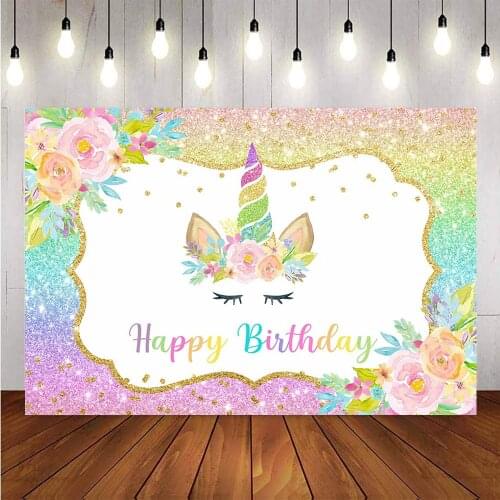 Unicorn rainbow glitter backdrop for birthday party flower happy birthday newborn baby photo shoot background for photography