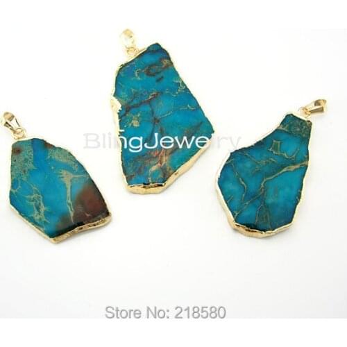 H-SP67 Free Form Blue Imperial Sediment Jaspers Stone Charm Pendant Gold Electroplated