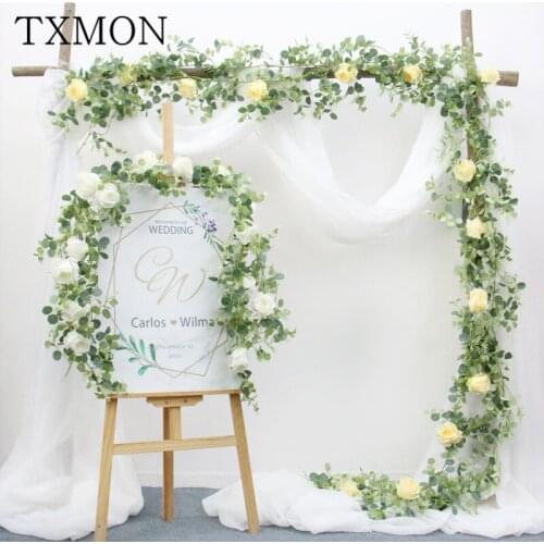 2M Artificial Eucalyptus with Rose Garland Hanging Rattan Vertical Home Table Party Wedding Backdrop Wall Decor Flower Vine