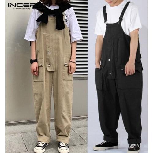 INCERUN Solid Color Men Jumpsuit Bib Pants Streetwear 2020 Casual Loose Fashion Straight Trousers Men Cargo Overalls Plus Size
