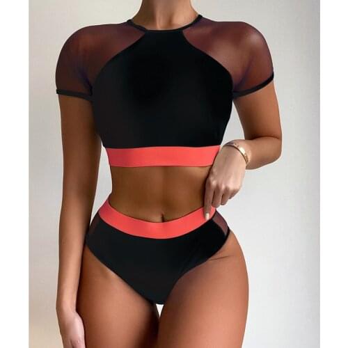 High Waist Bikini 2021 Woman Swimsuit Female Swimwear Sexy Mesh Bikinis Set Short Sleeves Women Bathing Suit Summer Beach Wear