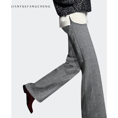 Fashion Wool Wide Leg Pants Women Winter Trousers High Waist Straight Casual Gray Striped Long Pants Warm Thicken Suit Pants