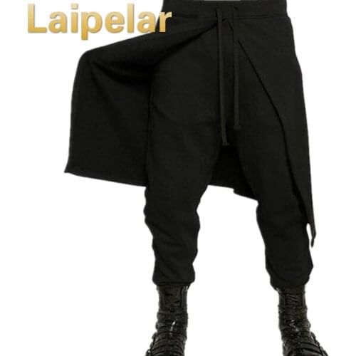 Laipelar Cool Mens Gothic Punk Style Harem Pants Black Hip Hop Streetwear Skinny Dress Skirt Pants Trousers Faux two pieces set