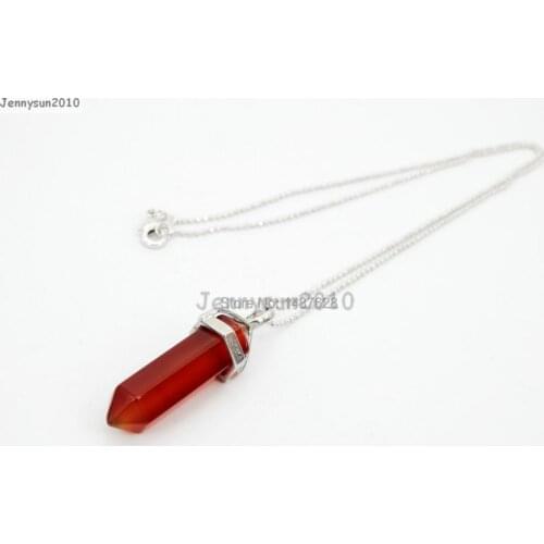 Natural Red Ag-ate Gems Stones Hexagonal Pointed Healing Reiki Chakra Pendant Beads Silver 17'' Chain Necklace 5 Sets/Pack