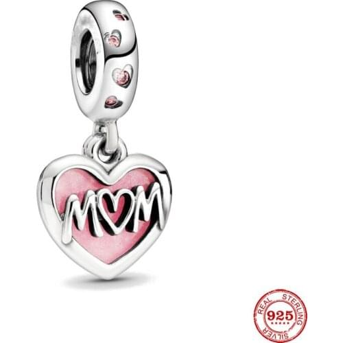 New Original Silver Color Pink Mom Dangle Bead Fit European Pandora Charms Bracelet Bangles Diy Jewelry P459