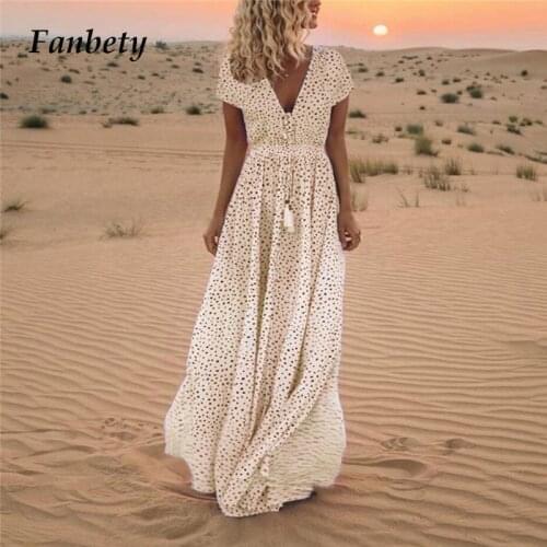 Elegant Vacation Beach Dress Women Summer Sexy V-Neck Polka Dot Printed Party Dress Lady Fashion Tassel Design Casual Maxi Dress