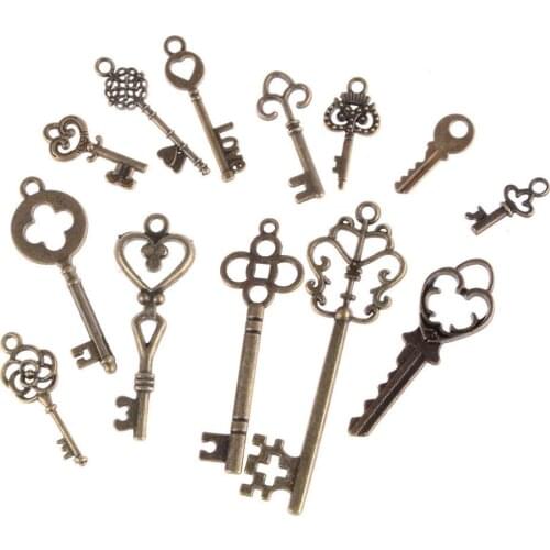 13 Pcs Vintage Charms Mixed Keys Pendant Antique Bronze Key Charms Fit Bracelets Necklace DIY Metal Jewelry Making Wholesale