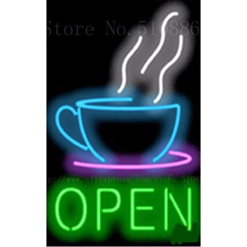 Custom Neon Sign For Coffee Cup Open Big Real Glass Tube Display Light Lamp Decorative Bar Beer Decor Bulbs Neon Signs 19"x15"