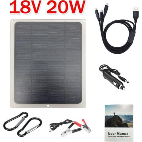 20W 18V Portable Emergency Monocrystalline Solar Panel Kit Complete Monocrystalline Photovoltaic Module with 3In1 Charging Cable