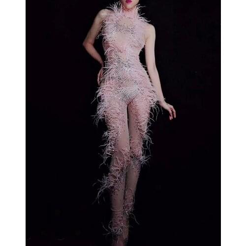 Pink Feathers Rhinestones Tights Jumpsuit Sleeveless Stretch Outfit Perspective Dance Wear Ladies Nightclub Performance Costume