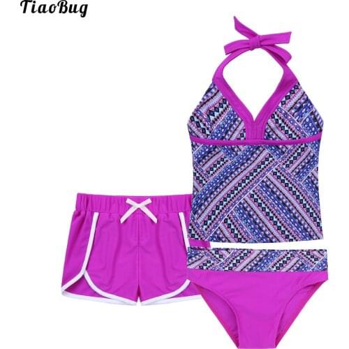 TiaoBug New Summer Kids Girls 3Pcs Ethnic Pattern Print Swimwear Swimming Suit Halter Neck Straps Top And Briefs Boyshort Sets