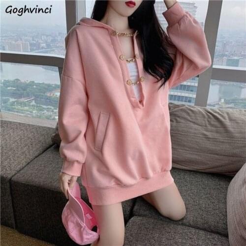 Hoodies Women Pink Pockets Simple Hooded High Street Long Sleeve All-match Sweet Girls Popular Preppy Style Feminine Loose Chic